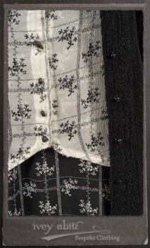 Truitt Shirt Jacket in Black Puckered Check Weave; Truitt Shirt in Black on White Floral Silk Chiffon; Fairholme Frock in Black and White Washed Silk in High Water Length. By Ivey Abitz.