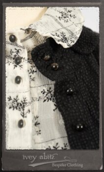 Truitt Shirt Jacket in Black Puckered Check Weave; Truitt Shirt in Black on White Floral Silk Chiffon; Fairholme Frock in Black and White Washed Silk in High Water Length. By Ivey Abitz.