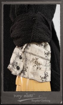 Truitt Shirt Jacket in Black Puckered Check Weave; Truitt Shirt in Black on White Floral Silk Chiffon; Fairholme Frock in Black and White Washed Silk in High Water Length. By Ivey Abitz.