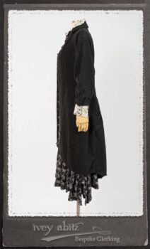 Truitt Shirt Jacket in Black Puckered Check Weave; Truitt Shirt in Black on White Floral Silk Chiffon; Fairholme Frock in Black and White Washed Silk in High Water Length. By Ivey Abitz.