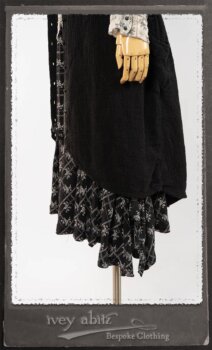 Truitt Shirt Jacket in Black Puckered Check Weave; Truitt Shirt in Black on White Floral Silk Chiffon; Fairholme Frock in Black and White Washed Silk in High Water Length. By Ivey Abitz.