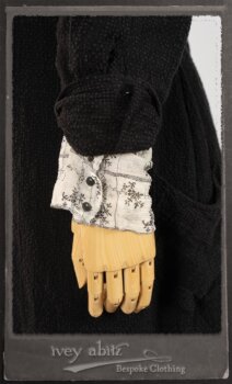 Truitt Shirt Jacket in Black Puckered Check Weave; Truitt Shirt in Black on White Floral Silk Chiffon; Fairholme Frock in Black and White Washed Silk in High Water Length. By Ivey Abitz.