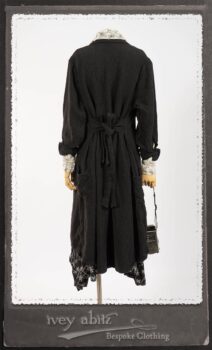 Truitt Shirt Jacket in Black Puckered Check Weave; Truitt Shirt in Black on White Floral Silk Chiffon; Fairholme Frock in Black and White Washed Silk in High Water Length. By Ivey Abitz.