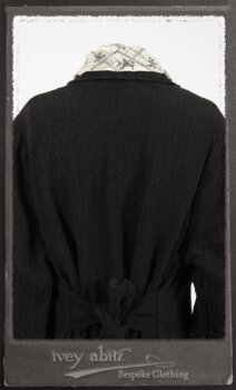 Truitt Shirt Jacket in Black Puckered Check Weave; Truitt Shirt in Black on White Floral Silk Chiffon; Fairholme Frock in Black and White Washed Silk in High Water Length. By Ivey Abitz.