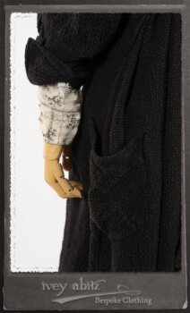 Truitt Shirt Jacket in Black Puckered Check Weave; Truitt Shirt in Black on White Floral Silk Chiffon; Fairholme Frock in Black and White Washed Silk in High Water Length. By Ivey Abitz.