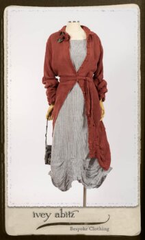 Scattergood Duster Coat in Rosy Washed Crinkled Linen; Scattergood Frock in Black and White Petite Stripe Linen; Floravinea Brooch in Rosy Washed Crinkled Linen. By Ivey Abitz.