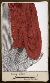 Scattergood Duster Coat in Rosy Washed Crinkled Linen; Scattergood Frock in Black and White Petite Stripe Linen; Floravinea Brooch in Rosy Washed Crinkled Linen. By Ivey Abitz.