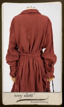 Scattergood Duster Coat in Rosy Washed Crinkled Linen; Scattergood Frock in Black and White Petite Stripe Linen; Floravinea Brooch in Rosy Washed Crinkled Linen. By Ivey Abitz.