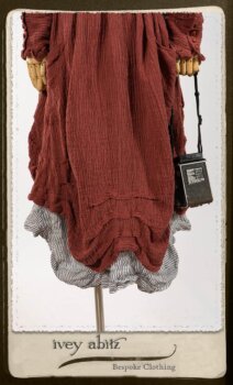 Scattergood Duster Coat in Rosy Washed Crinkled Linen; Scattergood Frock in Black and White Petite Stripe Linen; Floravinea Brooch in Rosy Washed Crinkled Linen. By Ivey Abitz.