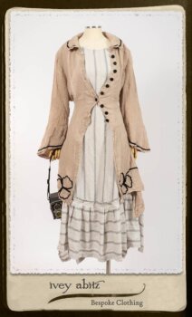 Monceau Duster Coat in Picture Book Washed Crinkled Linen; Fairholme Frock in Black and White Picture Book Stripe in High Water Length. By Ivey Abitz.