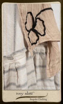 Monceau Duster Coat in Picture Book Washed Crinkled Linen; Fairholme Frock in Black and White Picture Book Stripe in High Water Length. By Ivey Abitz.