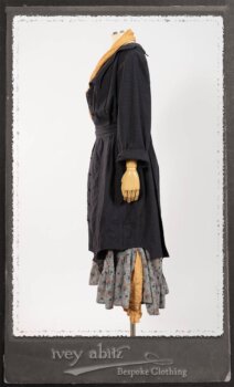 Vanetten Duster Coat in Fresh Water Petite Check Cotton; Blanchefleur Sash in New Sun Washed Linen; Tilbrook Frock in New Sun Washed Linen; Edenshire Frock in New Sun Washed Linen in High Water Length. By Ivey Abitz.