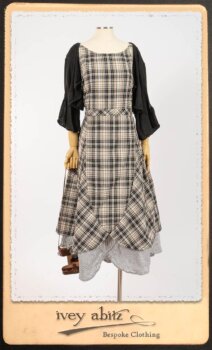Addy Jacket in Signature Black Lightweight Linen Knit; Addy Frock in Black and White Picture Book Plaid in High Water Length; Addy Skirt in Black and White Petite Stripe Linen. By Ivey Abitz.
