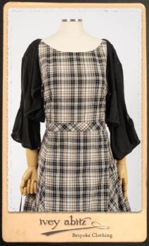 Addy Jacket in Signature Black Lightweight Linen Knit; Addy Frock in Black and White Picture Book Plaid in High Water Length; Addy Skirt in Black and White Petite Stripe Linen. By Ivey Abitz.