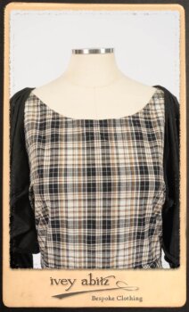 Addy Jacket in Signature Black Lightweight Linen Knit; Addy Frock in Black and White Picture Book Plaid in High Water Length; Addy Skirt in Black and White Petite Stripe Linen. By Ivey Abitz.