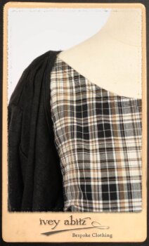 Addy Jacket in Signature Black Lightweight Linen Knit; Addy Frock in Black and White Picture Book Plaid in High Water Length; Addy Skirt in Black and White Petite Stripe Linen. By Ivey Abitz.