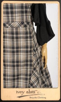 Addy Jacket in Signature Black Lightweight Linen Knit; Addy Frock in Black and White Picture Book Plaid in High Water Length; Addy Skirt in Black and White Petite Stripe Linen. By Ivey Abitz.