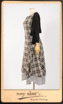 Addy Jacket in Signature Black Lightweight Linen Knit; Addy Frock in Black and White Picture Book Plaid in High Water Length; Addy Skirt in Black and White Petite Stripe Linen. By Ivey Abitz.