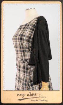 Addy Jacket in Signature Black Lightweight Linen Knit; Addy Frock in Black and White Picture Book Plaid in High Water Length; Addy Skirt in Black and White Petite Stripe Linen. By Ivey Abitz.
