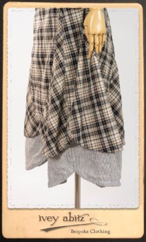 Addy Jacket in Signature Black Lightweight Linen Knit; Addy Frock in Black and White Picture Book Plaid in High Water Length; Addy Skirt in Black and White Petite Stripe Linen. By Ivey Abitz.