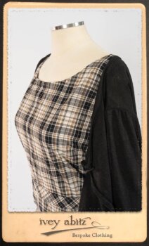 Addy Jacket in Signature Black Lightweight Linen Knit; Addy Frock in Black and White Picture Book Plaid in High Water Length; Addy Skirt in Black and White Petite Stripe Linen. By Ivey Abitz.