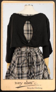 Addy Jacket in Signature Black Lightweight Linen Knit; Addy Frock in Black and White Picture Book Plaid in High Water Length; Addy Skirt in Black and White Petite Stripe Linen. By Ivey Abitz.