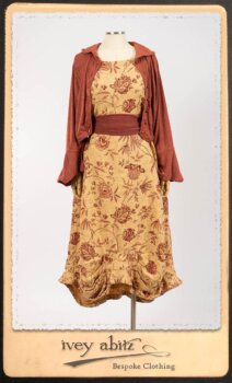 Crest Jacket in New Sun Softest Knit; Clotaire Sash in Rosy Washed Crinkled Linen; Scattergood Frock in Rosy Washed Floral Linen. By Ivey Abitz.