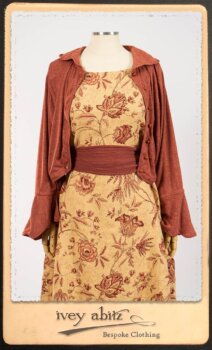 Crest Jacket in New Sun Softest Knit; Clotaire Sash in Rosy Washed Crinkled Linen; Scattergood Frock in Rosy Washed Floral Linen. By Ivey Abitz.