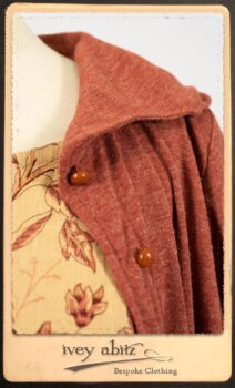 Crest Jacket in New Sun Softest Knit; Clotaire Sash in Rosy Washed Crinkled Linen; Scattergood Frock in Rosy Washed Floral Linen. By Ivey Abitz.