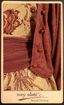 Crest Jacket in New Sun Softest Knit; Clotaire Sash in Rosy Washed Crinkled Linen; Scattergood Frock in Rosy Washed Floral Linen. By Ivey Abitz.