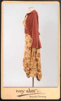 Crest Jacket in New Sun Softest Knit; Clotaire Sash in Rosy Washed Crinkled Linen; Scattergood Frock in Rosy Washed Floral Linen. By Ivey Abitz.