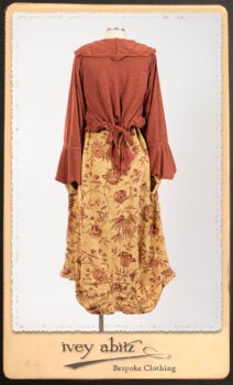 Crest Jacket in New Sun Softest Knit; Clotaire Sash in Rosy Washed Crinkled Linen; Scattergood Frock in Rosy Washed Floral Linen. By Ivey Abitz.