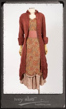Scattergood Duster Coat in Rosy Washed Crinkled Linen; Crest Frock in New Sun Floral Silk Chiffon in High Water Length; Heraldry Frock in Rosy Washed Stripe Linen in High Water Length; Porte Cochere Sash in Rosy Washed Cotton. By Ivey Abitz.