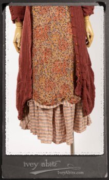 Scattergood Duster Coat in Rosy Washed Crinkled Linen; Crest Frock in New Sun Floral Silk Chiffon in High Water Length; Heraldry Frock in Rosy Washed Stripe Linen in High Water Length; Porte Cochere Sash in Rosy Washed Cotton. By Ivey Abitz.