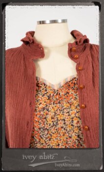 Scattergood Duster Coat in Rosy Washed Crinkled Linen; Crest Frock in New Sun Floral Silk Chiffon in High Water Length; Heraldry Frock in Rosy Washed Stripe Linen in High Water Length; Porte Cochere Sash in Rosy Washed Cotton. By Ivey Abitz.