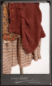 Scattergood Duster Coat in Rosy Washed Crinkled Linen; Crest Frock in New Sun Floral Silk Chiffon in High Water Length; Heraldry Frock in Rosy Washed Stripe Linen in High Water Length; Porte Cochere Sash in Rosy Washed Cotton. By Ivey Abitz.