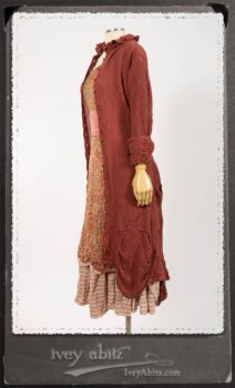 Scattergood Duster Coat in Rosy Washed Crinkled Linen; Crest Frock in New Sun Floral Silk Chiffon in High Water Length; Heraldry Frock in Rosy Washed Stripe Linen in High Water Length; Porte Cochere Sash in Rosy Washed Cotton. By Ivey Abitz.