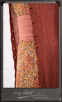 Scattergood Duster Coat in Rosy Washed Crinkled Linen; Crest Frock in New Sun Floral Silk Chiffon in High Water Length; Heraldry Frock in Rosy Washed Stripe Linen in High Water Length; Porte Cochere Sash in Rosy Washed Cotton. By Ivey Abitz.