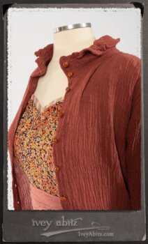 Scattergood Duster Coat in Rosy Washed Crinkled Linen; Crest Frock in New Sun Floral Silk Chiffon in High Water Length; Heraldry Frock in Rosy Washed Stripe Linen in High Water Length; Porte Cochere Sash in Rosy Washed Cotton. By Ivey Abitz.