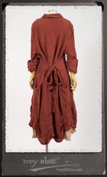Scattergood Duster Coat in Rosy Washed Crinkled Linen; Crest Frock in New Sun Floral Silk Chiffon in High Water Length; Heraldry Frock in Rosy Washed Stripe Linen in High Water Length; Porte Cochere Sash in Rosy Washed Cotton. By Ivey Abitz.