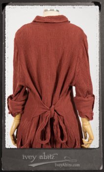 Scattergood Duster Coat in Rosy Washed Crinkled Linen; Crest Frock in New Sun Floral Silk Chiffon in High Water Length; Heraldry Frock in Rosy Washed Stripe Linen in High Water Length; Porte Cochere Sash in Rosy Washed Cotton. By Ivey Abitz.