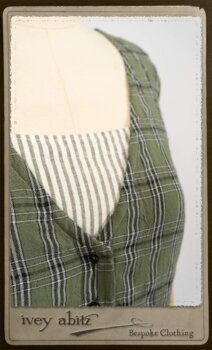 Campanella Overylay in New Day Washed Plaid Gauze; Campanella Frock in New Day Washed Stripe Linen. By Ivey Abitz.