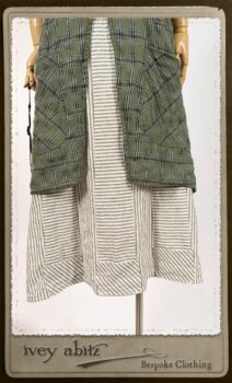 Campanella Overylay in New Day Washed Plaid Gauze; Campanella Frock in New Day Washed Stripe Linen. By Ivey Abitz.