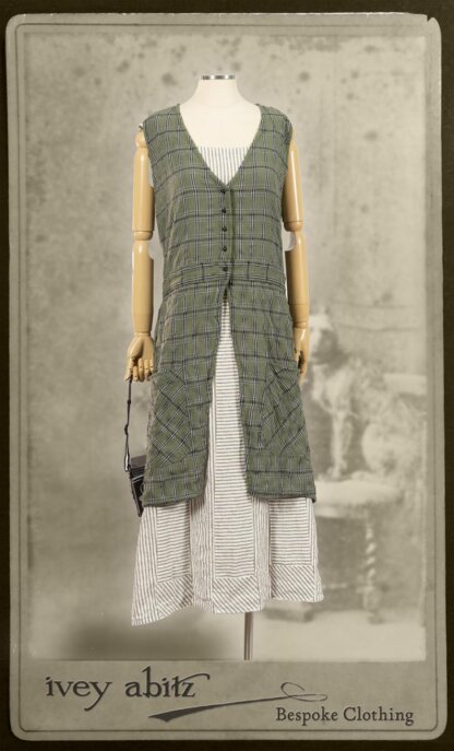 Campanella Overylay in New Day Washed Plaid Gauze; Campanella Frock in New Day Washed Stripe Linen. By Ivey Abitz.