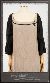 Monceau Frock in Picture Book Washed Crinkled Linen; Cilla Slip Frock in Signature Black Lightweight Linen Knit with Square Collar; Addy Jacket in Signature Black Lightweight Linen Knit. By Ivey Abitz.