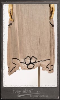 Monceau Frock in Picture Book Washed Crinkled Linen; Cilla Slip Frock in Signature Black Lightweight Linen Knit with Square Collar; Addy Jacket in Signature Black Lightweight Linen Knit. By Ivey Abitz.