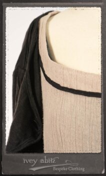 Monceau Frock in Picture Book Washed Crinkled Linen; Cilla Slip Frock in Signature Black Lightweight Linen Knit with Square Collar; Addy Jacket in Signature Black Lightweight Linen Knit. By Ivey Abitz.