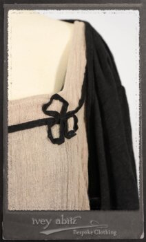 Monceau Frock in Picture Book Washed Crinkled Linen; Cilla Slip Frock in Signature Black Lightweight Linen Knit with Square Collar; Addy Jacket in Signature Black Lightweight Linen Knit. By Ivey Abitz.