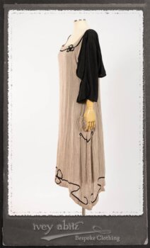 Monceau Frock in Picture Book Washed Crinkled Linen; Cilla Slip Frock in Signature Black Lightweight Linen Knit with Square Collar; Addy Jacket in Signature Black Lightweight Linen Knit. By Ivey Abitz.