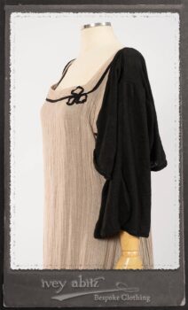 Monceau Frock in Picture Book Washed Crinkled Linen; Cilla Slip Frock in Signature Black Lightweight Linen Knit with Square Collar; Addy Jacket in Signature Black Lightweight Linen Knit. By Ivey Abitz.